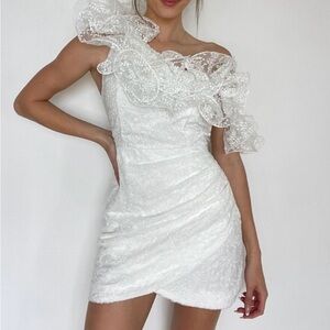 Lulus Angelic Trend White Embroidered Ruffled One Shoulder Mini Dress Sm Wedding
